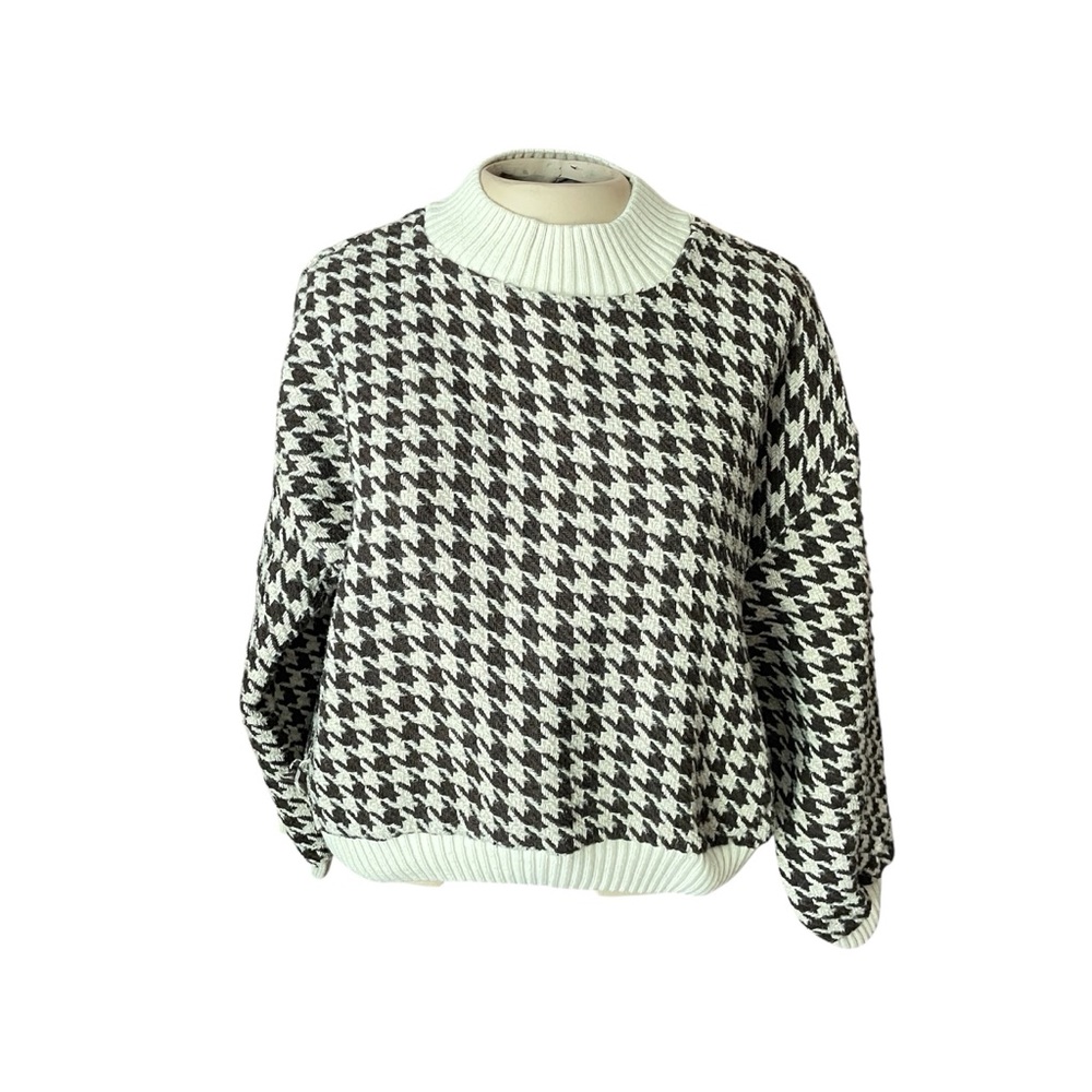 GRL Brown/White Houndstooth Cropped Pullover Knit Oversized Sweater Size Medium